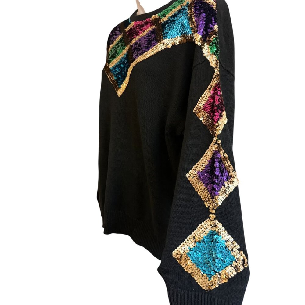 Vintage RAVE Black Harlequin Sequin Sweater | Size L - Picture 6 of 10